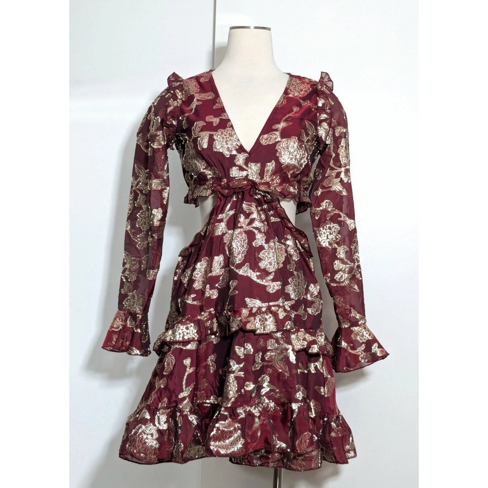 Altar'd State Mollee GG143 Burgundy Gold Metallic Floral Mini Dress Medium - Picture 4 of 15